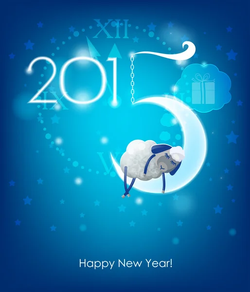 Ευτυχισμένο το νέο έτος 2015. Αρχική Χριστουγεννιάτικη κάρτα. πρόβατα που κοιμάται σε ένα — Διανυσματικό Αρχείο