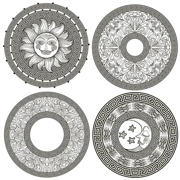 Aantal decoratieve frames en rozetten met de Griekse meander — Stockvector