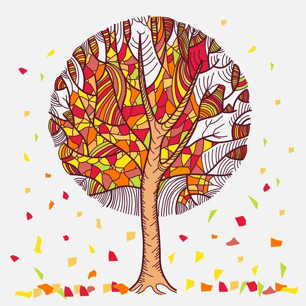Pohon musim gugur abstrak dengan daun terbang - Stok Vektor