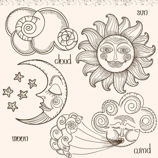 Image of the sun, moon, wind and clouds. Royalty Free Stock Vectors