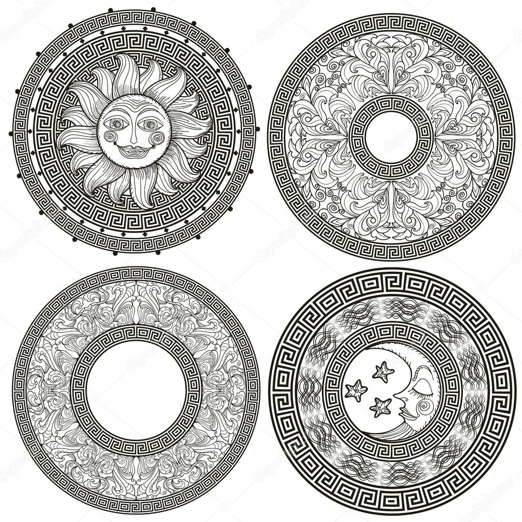 Set of decorative frames and rosettes with the Greek meander