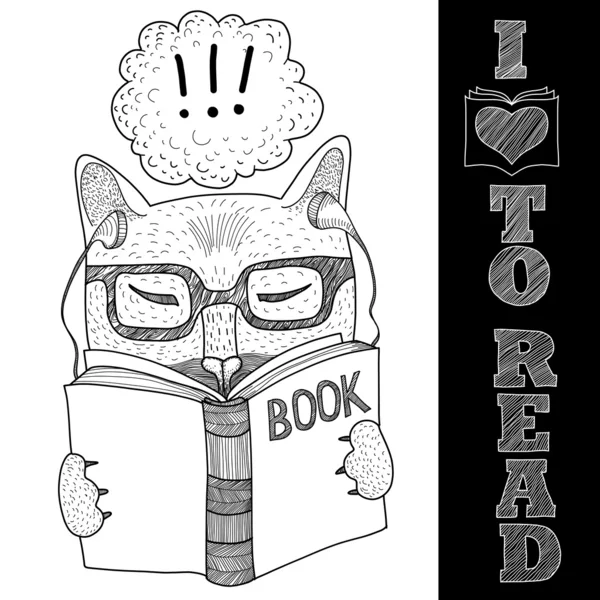 Cat with glasses reading a book — Stock Vector