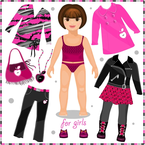 Paper doll with a set of fashion clothes. — Stock Vector