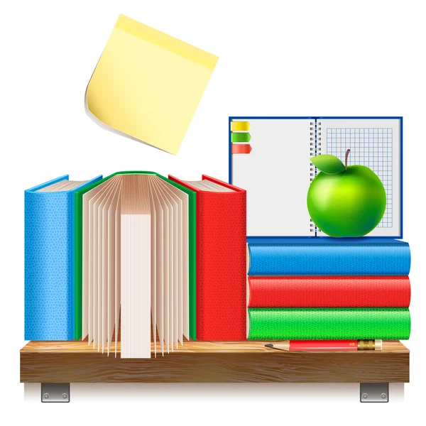 Libros en un estante de madera — Vector de stock