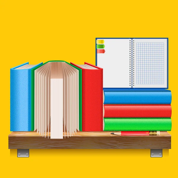 Libros en un estante de madera . — Vector de stock
