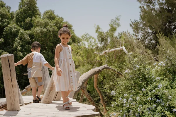 Children walk over the wooden bridge in the nature playground in the forest.