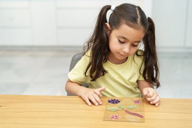 Dried flower art. Herbarium. Child making picture from pressed flowers on a Herbarium Frame.