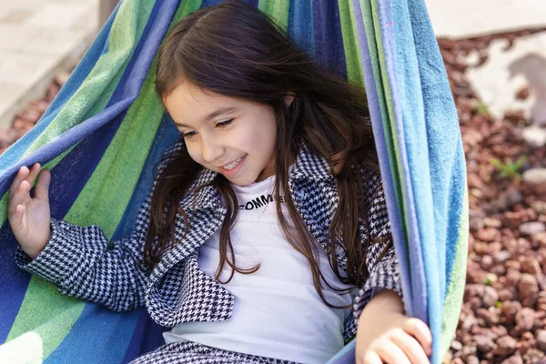 Smiling Young Beautiful Little Girl Hammock Happy Child Enjoying Time — Stock Photo, Image