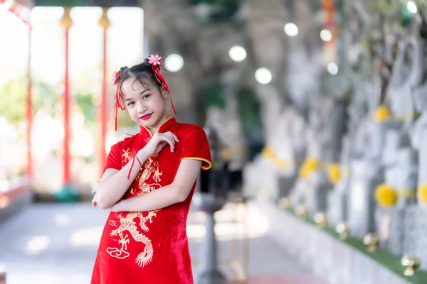 Portret Glimlacht Schattig Klein Aziatisch Meisje Dragen Rode Cheongsam Jurk — Stockfoto