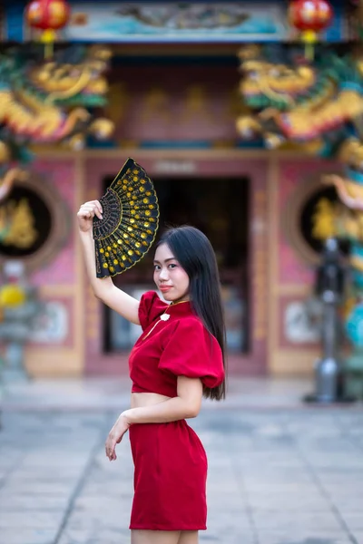 Güzel Bir Portre Gülümseyen Asyalı Genç Bir Kadın Geleneksel Çin — Stok fotoğraf