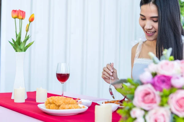 Valentine Day Concept Asian Young Girl Sitting Table Food Wine — Stock Photo, Image