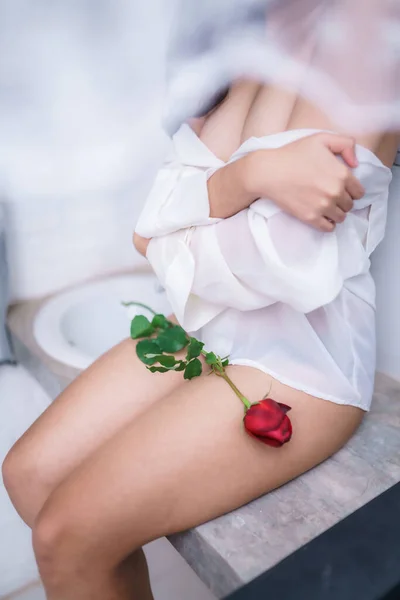 Close Fashion White Shirt Take Her Cloth Posing Attractive Glam — Stock Photo, Image