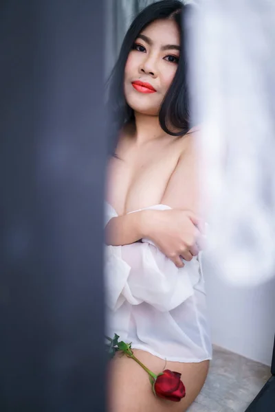 Portrait Asian Sexy Young Woman Model Black Hairs Fashion White — Zdjęcie stockowe