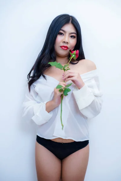 Portrait Asian Sexy Young Woman Model Black Hairs Fashion White — Photo