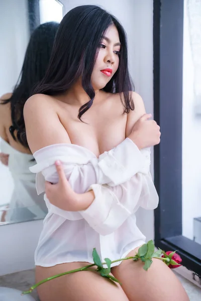 Portrait Asian Sexy Young Woman Model Black Hairs Fashion White — Photo