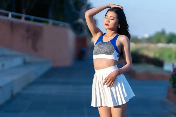 Portrait Beautiful Athletic Young Asian Woman Fashionable Sportswear Standing Having — Photo