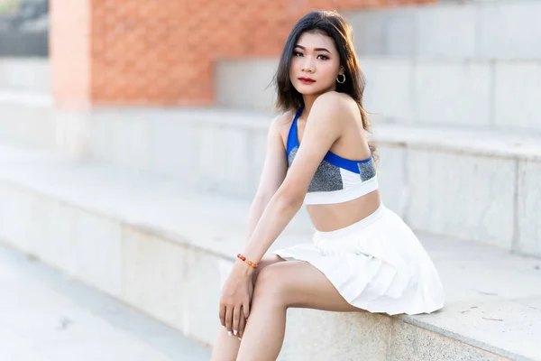 Portrait Beautiful Athletic Young Asian Woman Fashionable Sportswear Standing Having — Foto de Stock