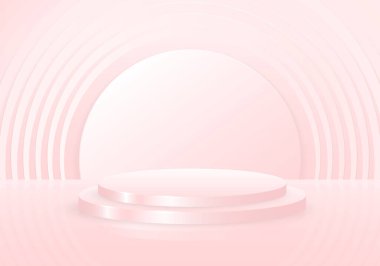 Yaşayan mercan pastel renk gradyan tasarımının soyut 3D stüdyo podyumu. Geometrik dekoratif sanat arka planı. Görüntü vektörü