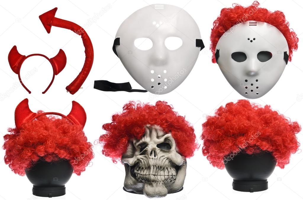 Pack of Various Halloween Costumes. Devil Girl, Jason Hockey Mask, Red Clown Wig and Ghost Mask on Isolated White Background