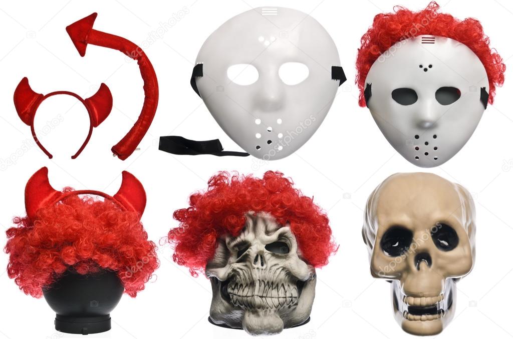 Pack of Various Halloween Costumes. Devil Girl, Jason Hockey Mask, Red Clown Wig, Ghost Mask and Skull on Isolated White Background
