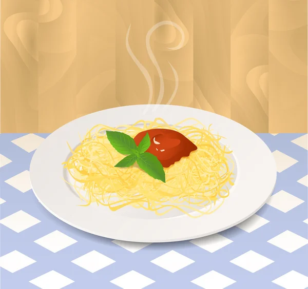 Pasta con salsa de tomate y albahaca en un plato — Vector de stock