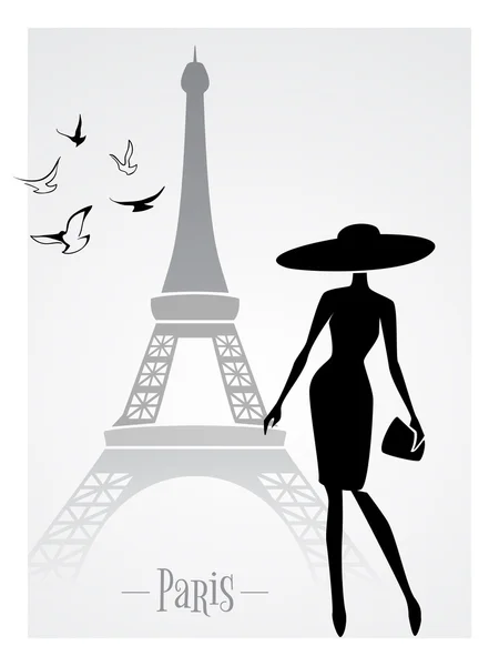 Dama de moda frente a la Torre Eiffel — Vector de stock