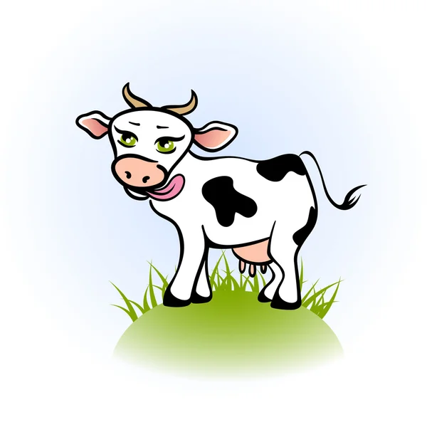 Licking cow on a green field — Stock Vector