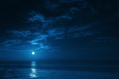 Beautiful Midnight Ocean View With Moonrise And Calm Waves clipart