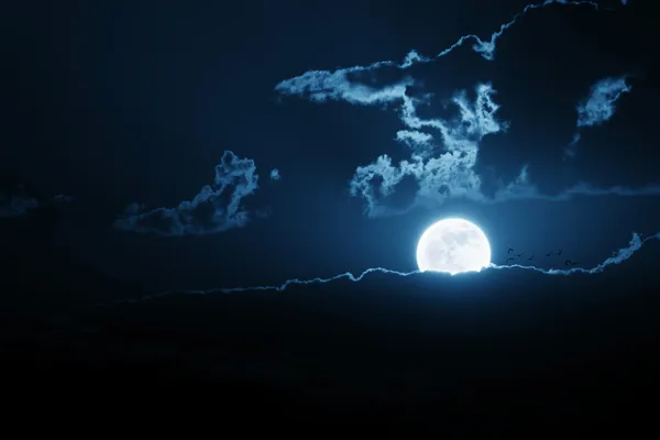 Lunas muy brillantes sobre banco de nubes con bandada de aves —  Fotos de Stock