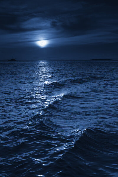 Beautiful Midnight Ocean View With Moonrise And Calm Waves