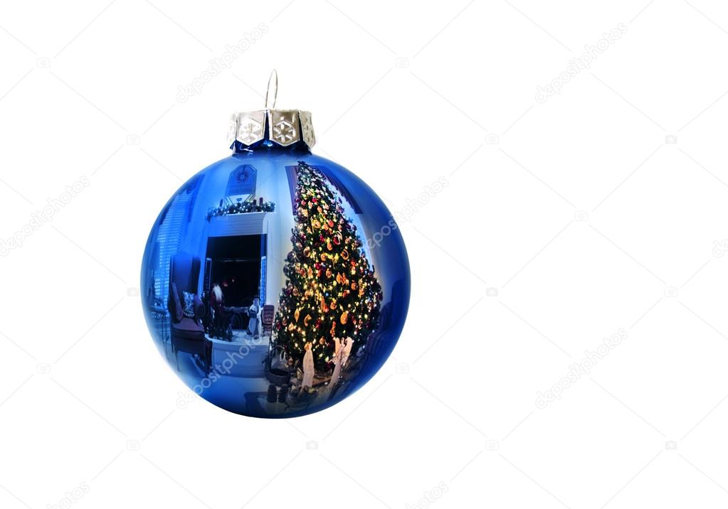 Shiney Blue Ornament Reflects Christmas Tree Holiday Decorated Living Room