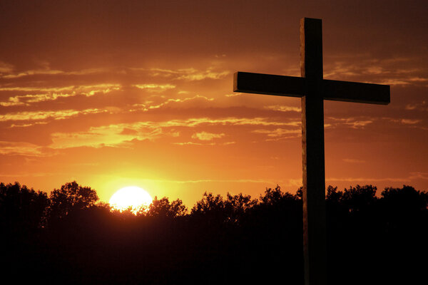 Dramatic Sky Orange Clouds Bright Yelllow Sun Large Christian Cross