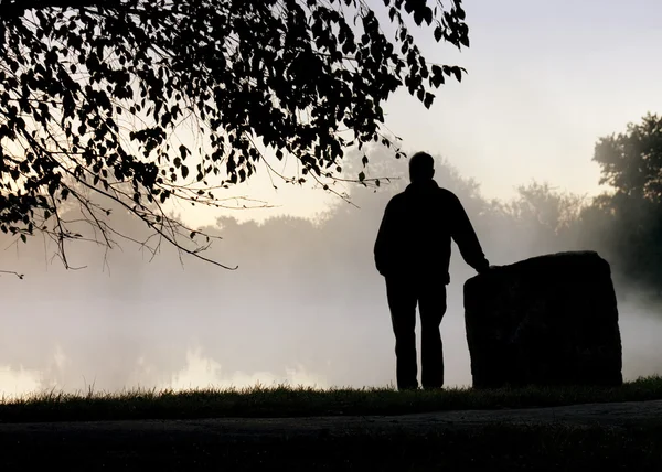 Silhouette erwachsene Männchen steht allein und starrt nachdenklich in Richtung nebliger See — Stockfoto