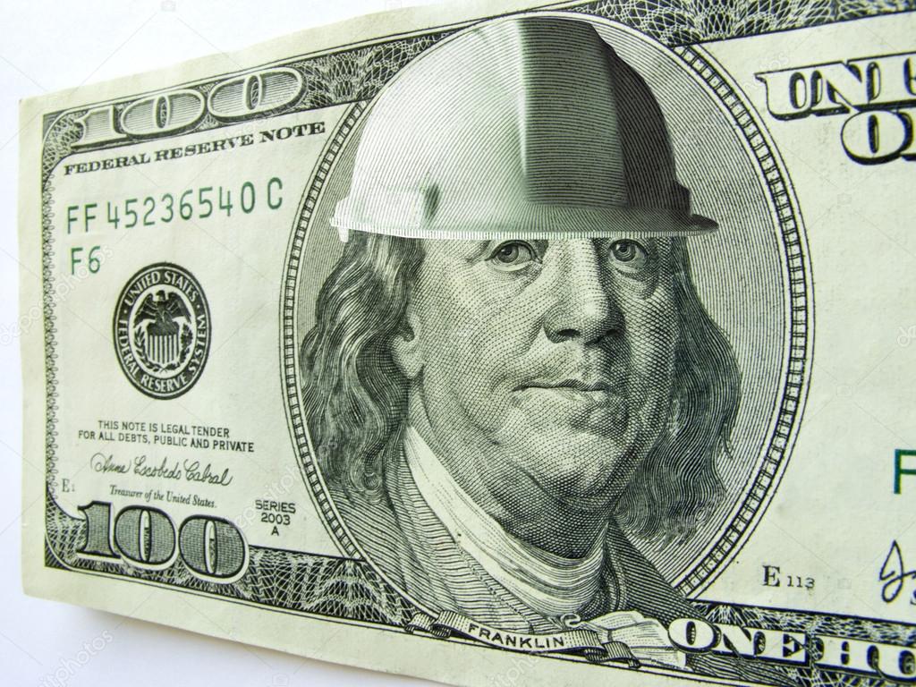 Ben Franklin One Hundred Dollar Bill Wearing Construction Hard Hat