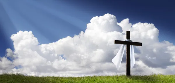 Dramatic Panorama Easter Sunday Morning Sunrise With Cross On Grassy Hill Royalty Free Stock Photos