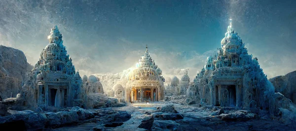 3d illustration rendering of great sacred ice temple with hemispherical vault, chapel with underground hall and altar.