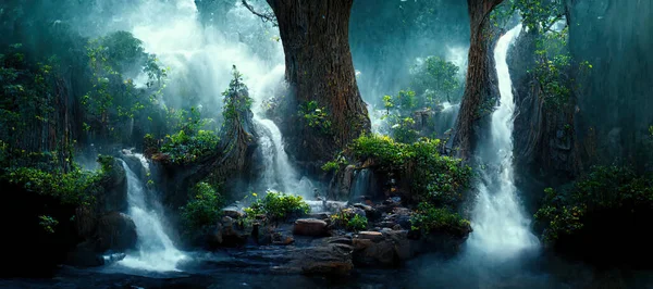 A beautiful enchanted forest with big fairytale trees, waterfall and great vegetation. Digital Painting Background, Illustration.