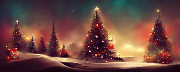 Merry Christmas background with pine trees, balls, gifts and Christmas decorations. Digital Illustration.