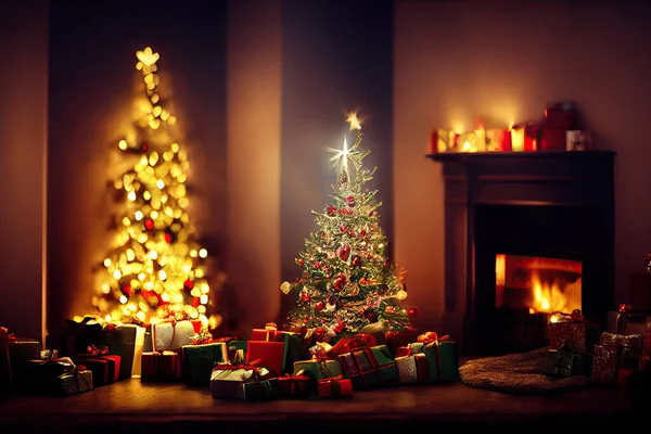Merry Christmas background with gift next to Christmas Tree in decorated room with fireplace. Digital Illustration.