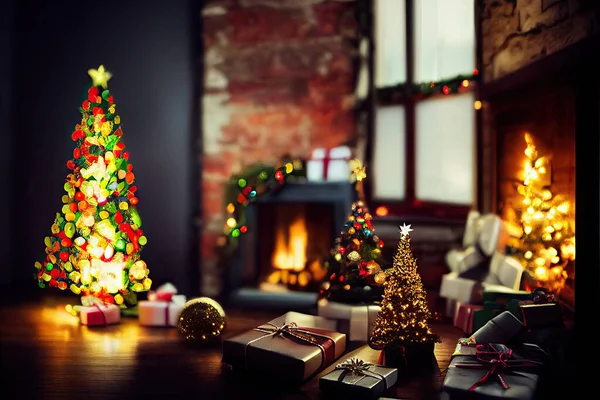 Merry Christmas background with gift next to Christmas Tree in decorated room with fireplace. Digital Illustration.