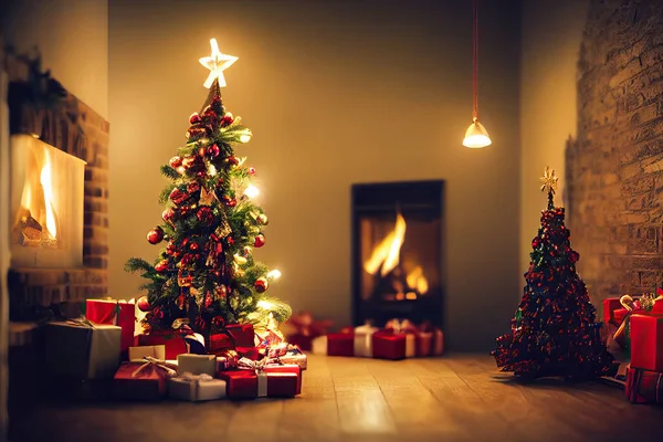 Merry Christmas background with gift next to Christmas Tree in decorated room with fireplace. Digital Illustration.