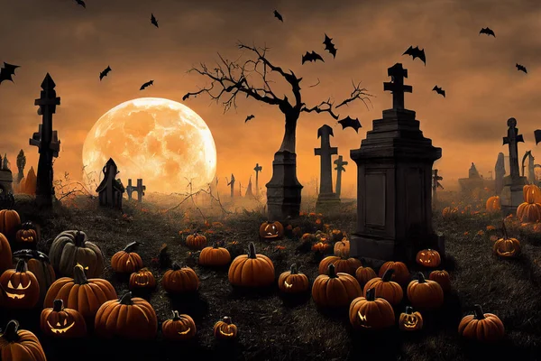 Pumpkins from skulls, bats, moon and tombs in the graveyard on spooky Halloween night. Digital Painting Background, Illustration.