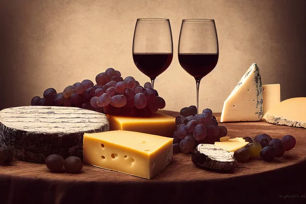 Table with red wine in vintage light with assorted cheese plate with fruits