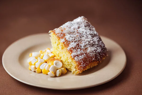 A corn cake on a plate on a wooden table with corncobs and slices. Homemade round cornmeal cake. Typical Brazilian
