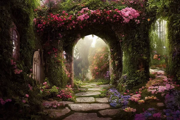 A beautiful secret fairytale garden with flower arches and colorful greenery. Digital painting background.
