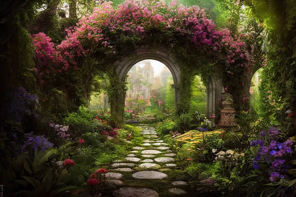 A beautiful secret fairytale garden with flower arches and colorful greenery. Digital painting background.
