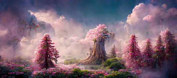 A beautiful pink enchanted forest with big fairytale trees and great vegetation. Digital painting background.