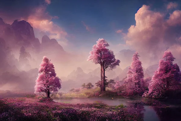 A beautiful pink enchanted forest with big fairytale trees and great vegetation. Digital painting background.