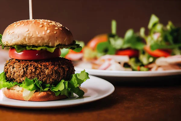 A delicious vegan burger on the plate on the table, healthy vegan food.