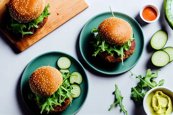 A delicious vegan burger on the plate on the table, healthy vegan food. Top view.